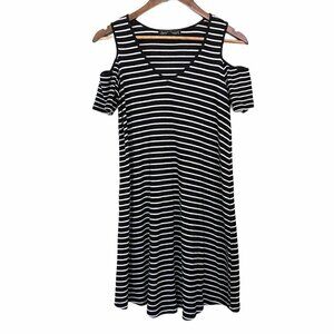 Derek Heart Women's Black Striped Ribbed Cold Shoulder Mini Dress Size Medium